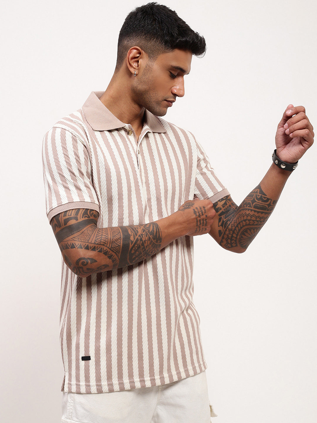 Men Beige Striped T Shirt