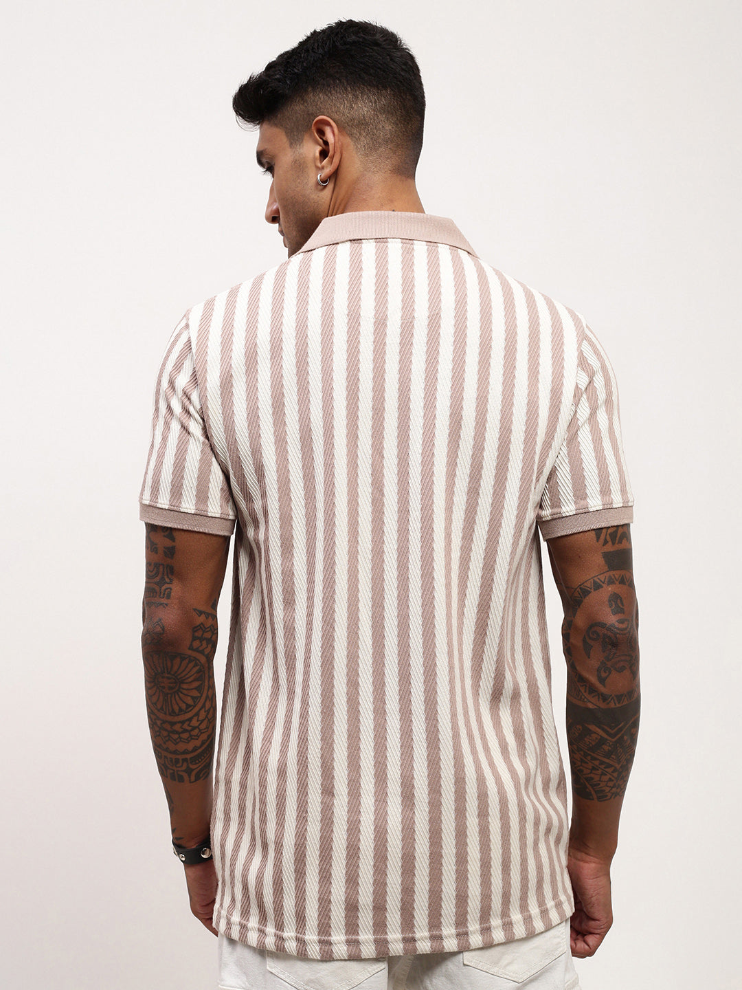 Men Beige Striped T Shirt