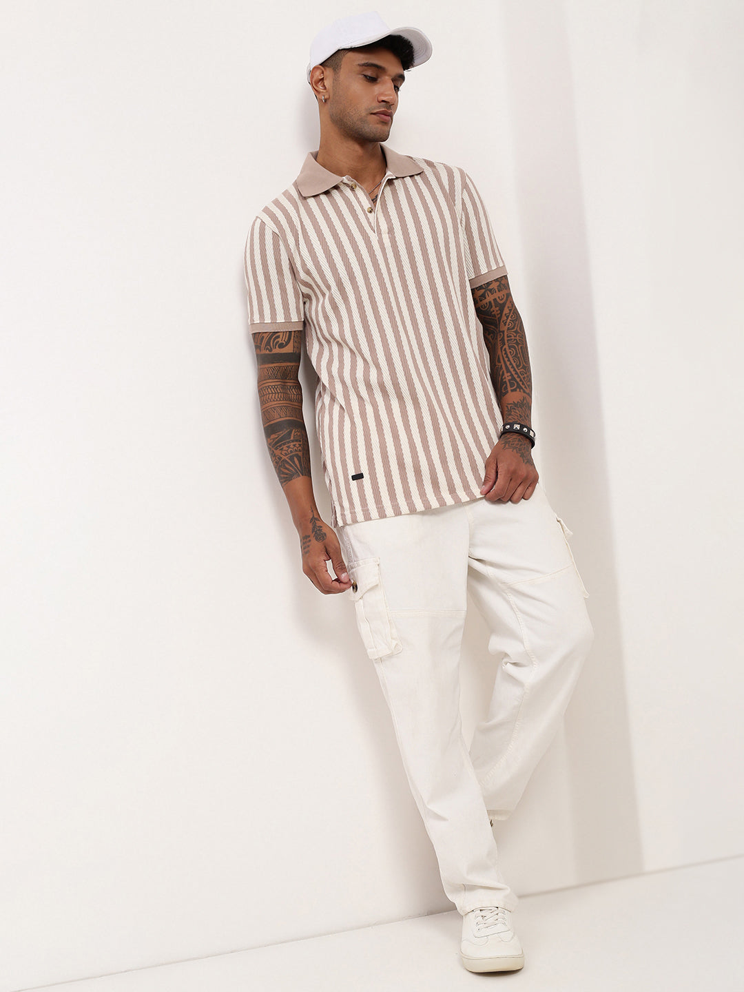 Men Beige Striped T Shirt