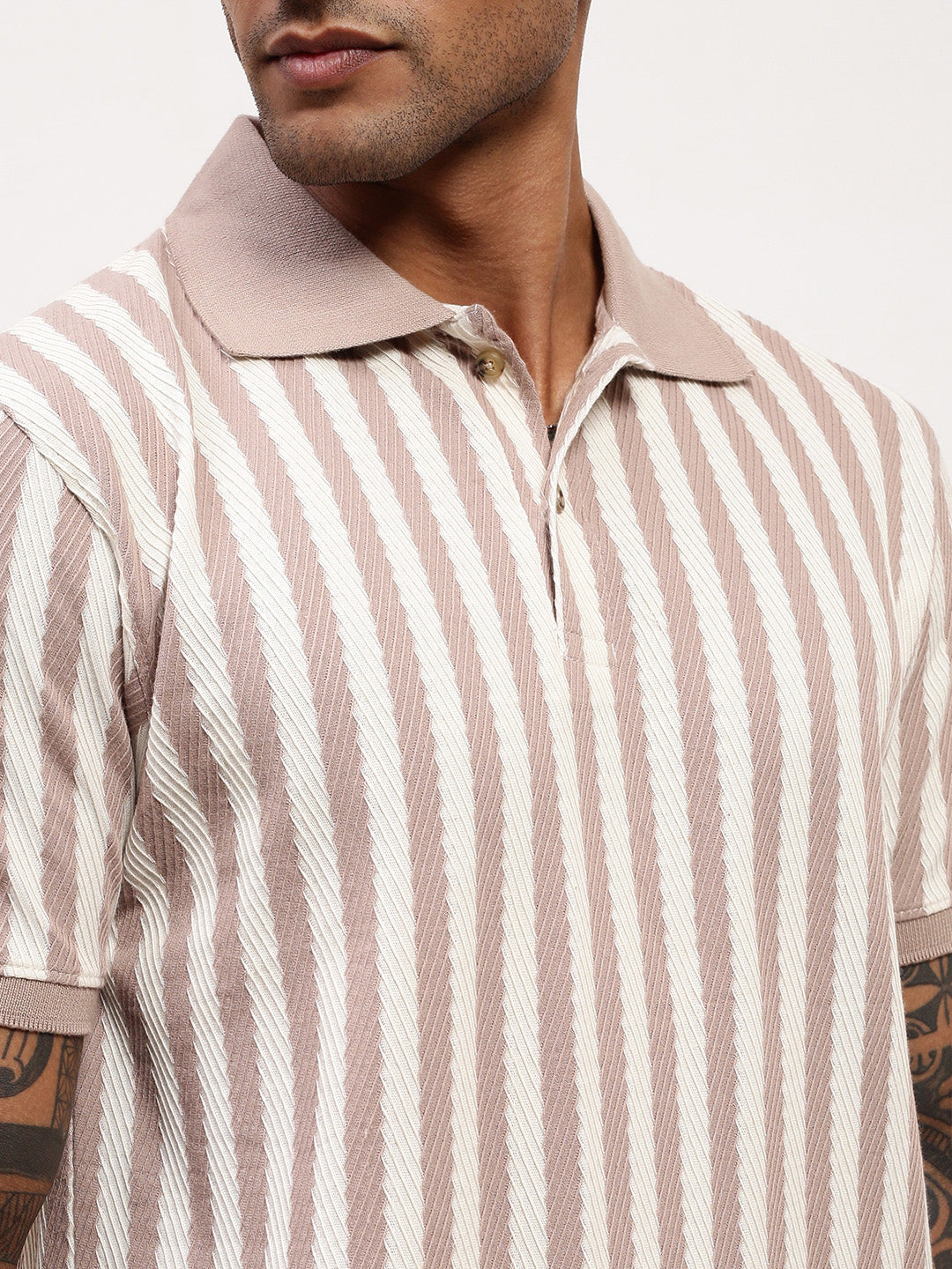 Men Beige Striped T Shirt