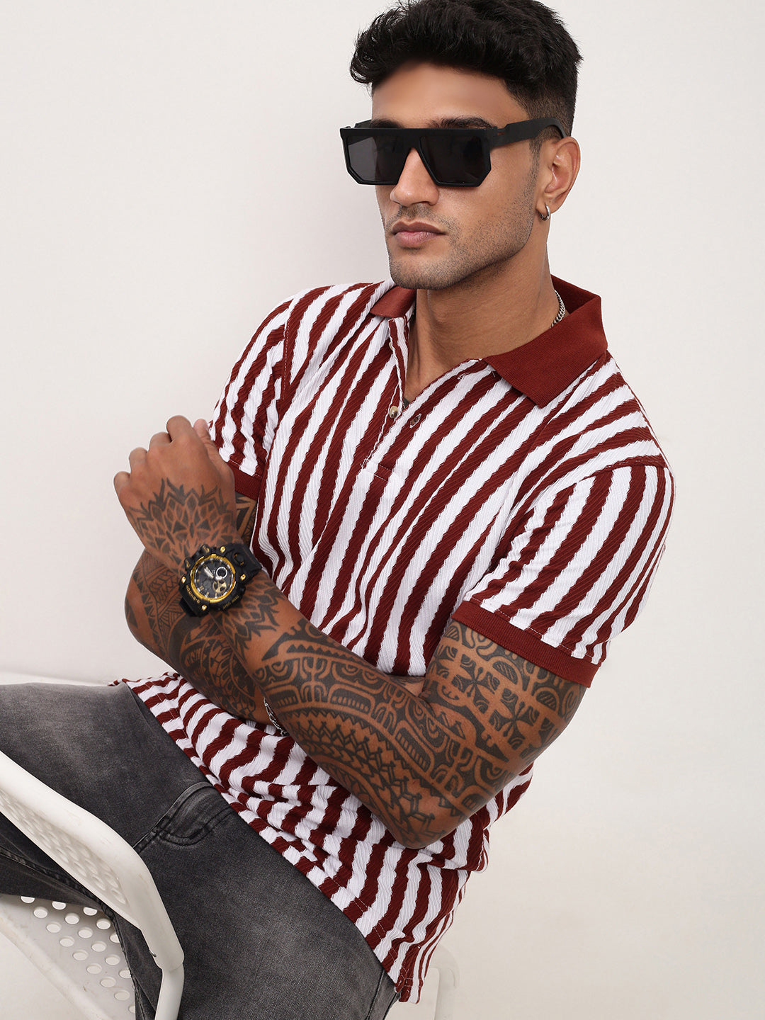 Men Brown Striped T Shirt