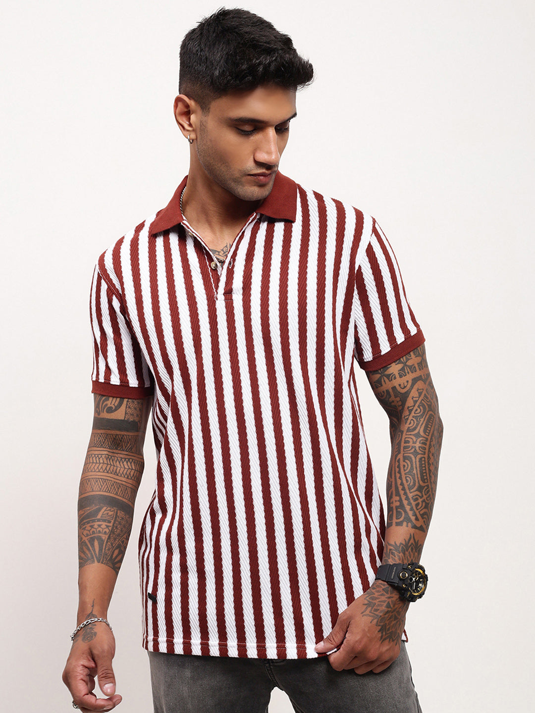 Men Brown Striped T Shirt