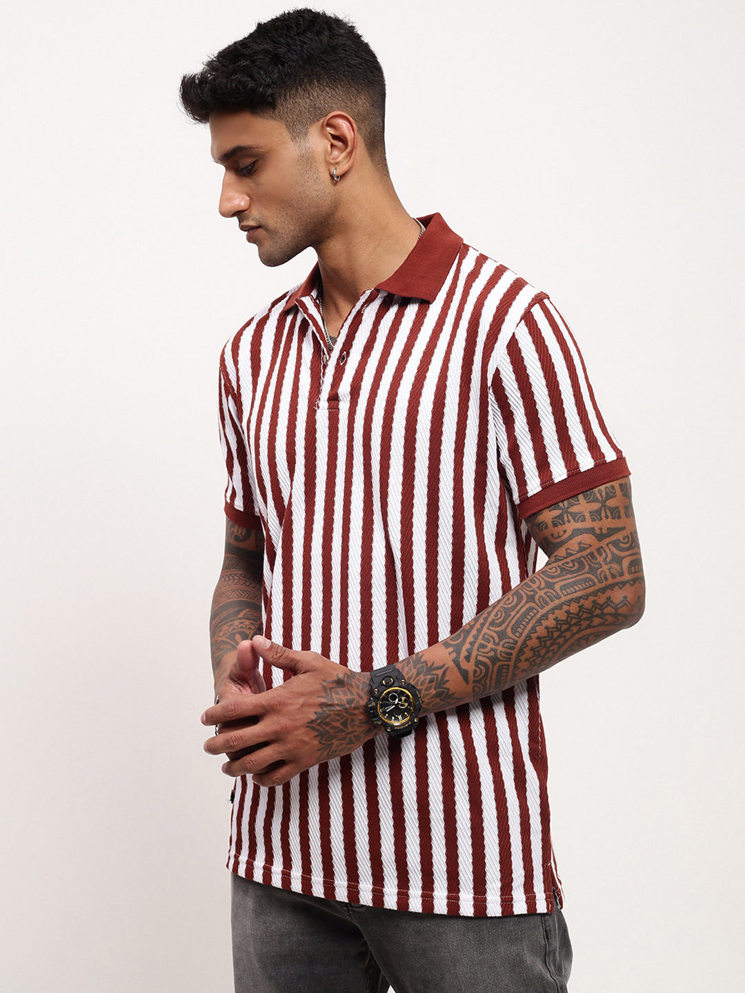 Men Brown Striped T Shirt