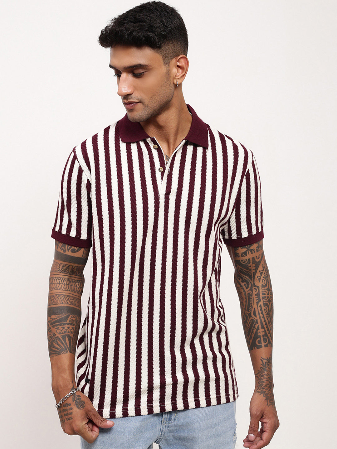 Men Burgundy Striped T Shirt