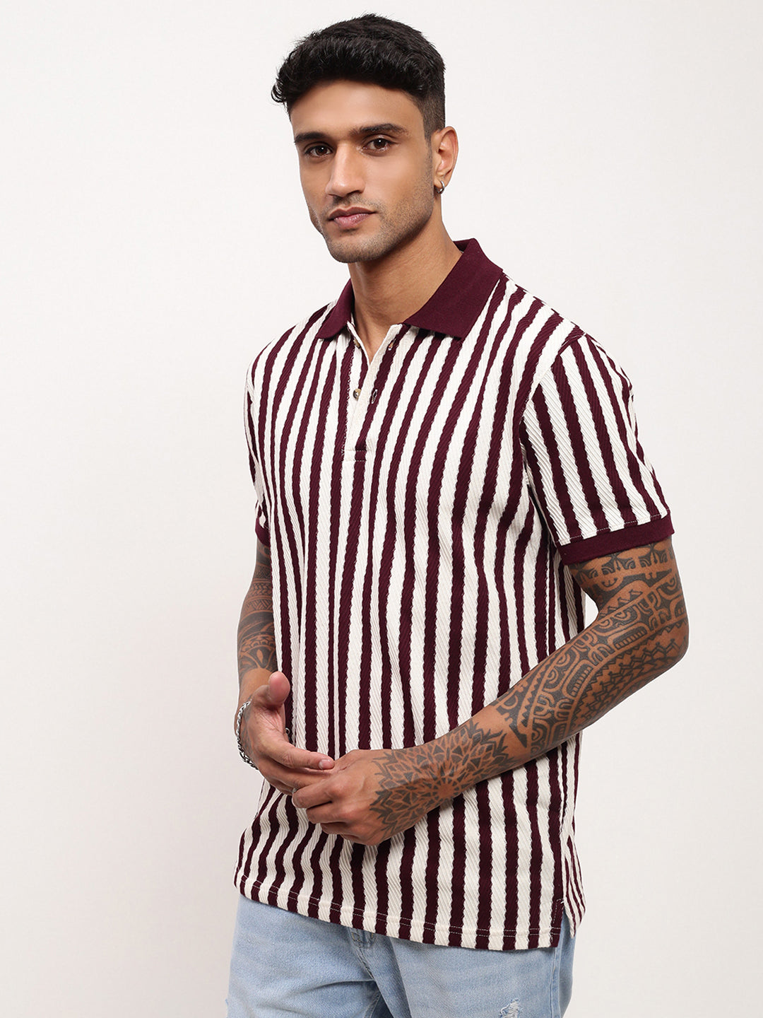 Men Burgundy Striped T Shirt