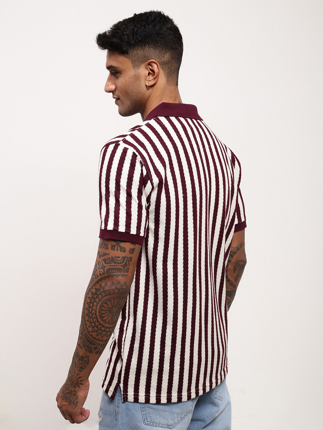 Men Burgundy Striped T Shirt