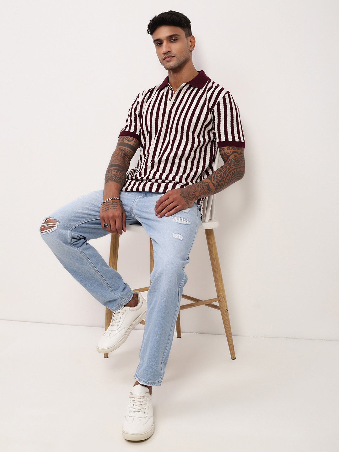 Men Burgundy Striped T Shirt