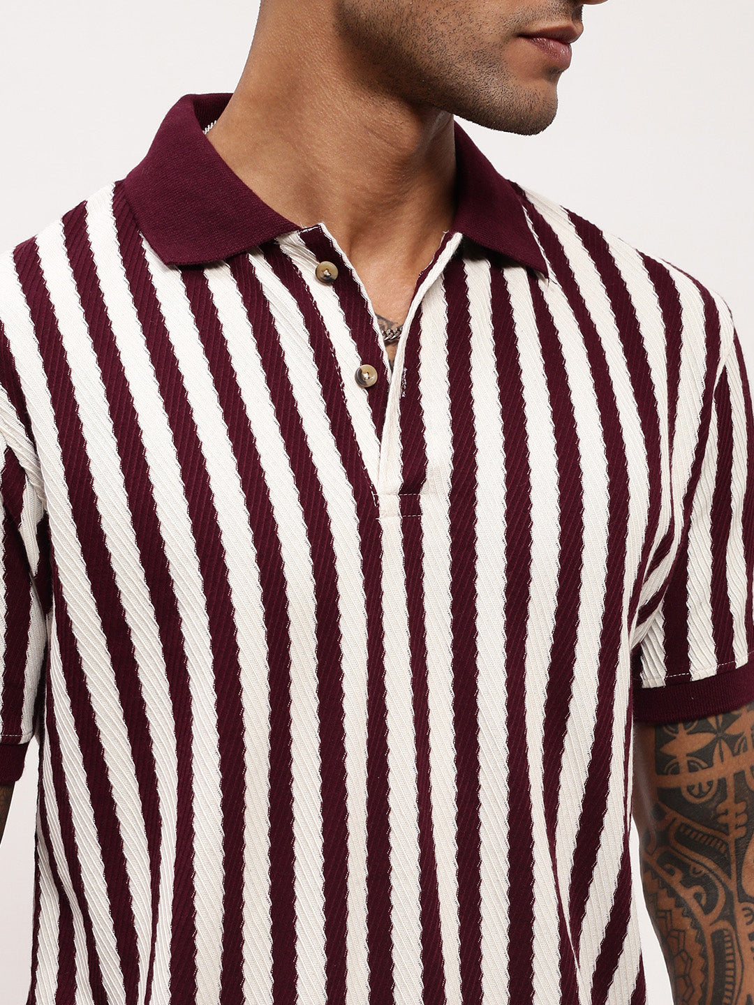 Men Burgundy Striped T Shirt