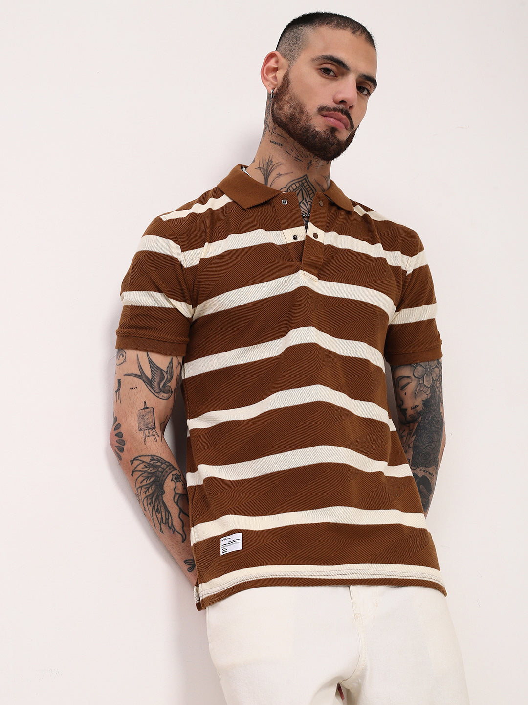 Men Brown Striped T Shirt