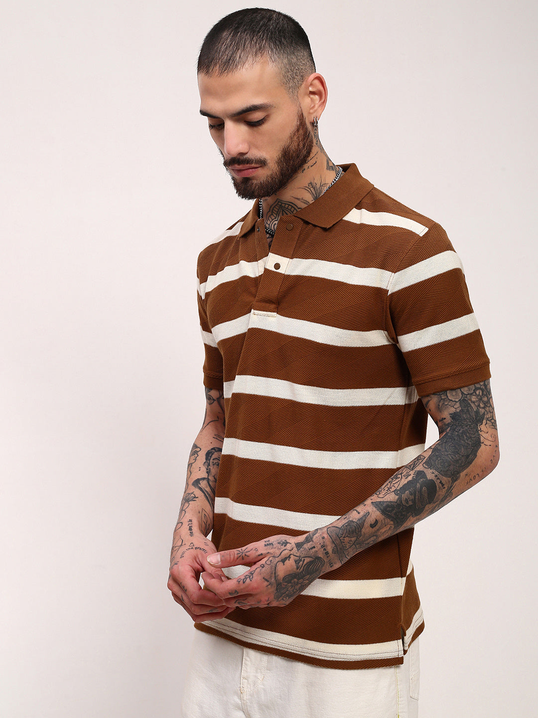 Men Brown Striped T Shirt