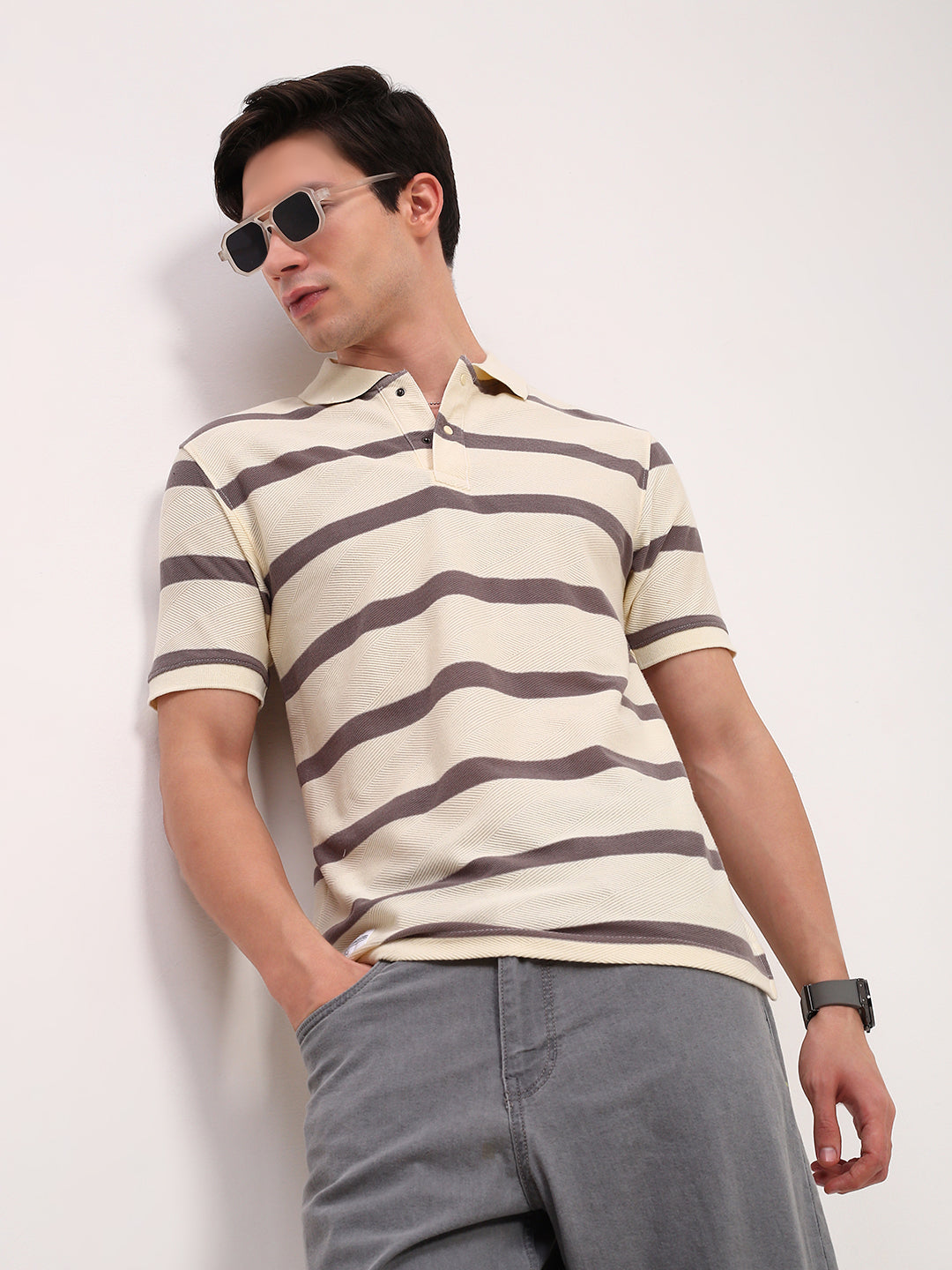 Men Cream Striped T Shirt