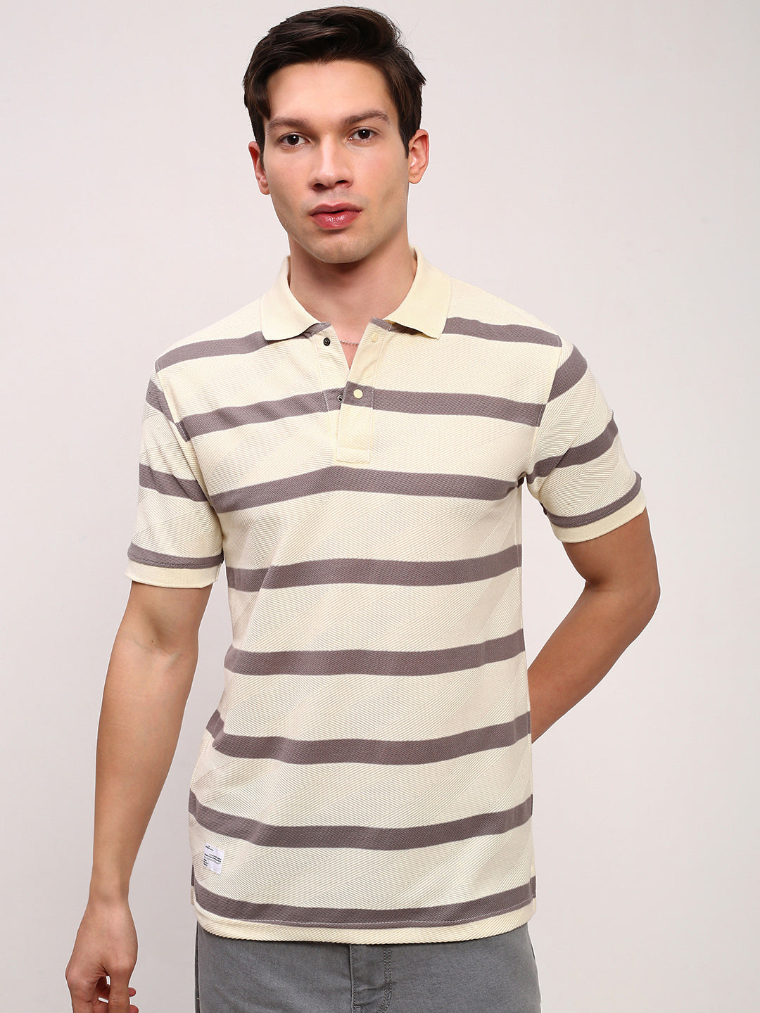 Men Cream Striped T Shirt