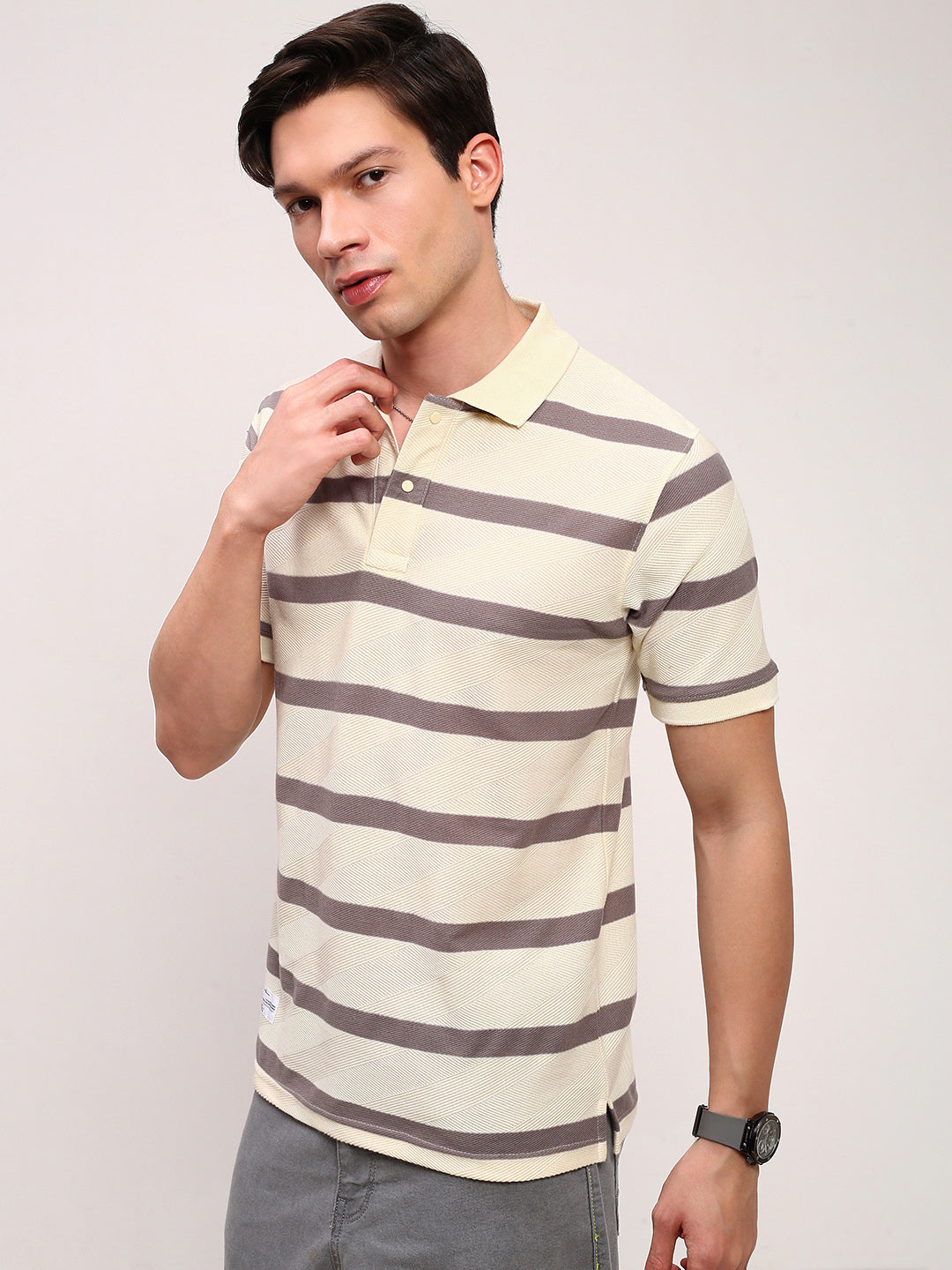 Men Cream Striped T Shirt