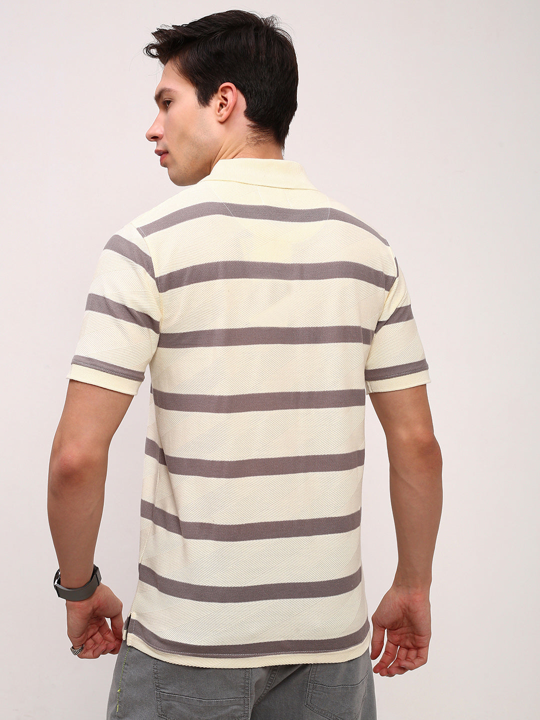 Men Cream Striped T Shirt