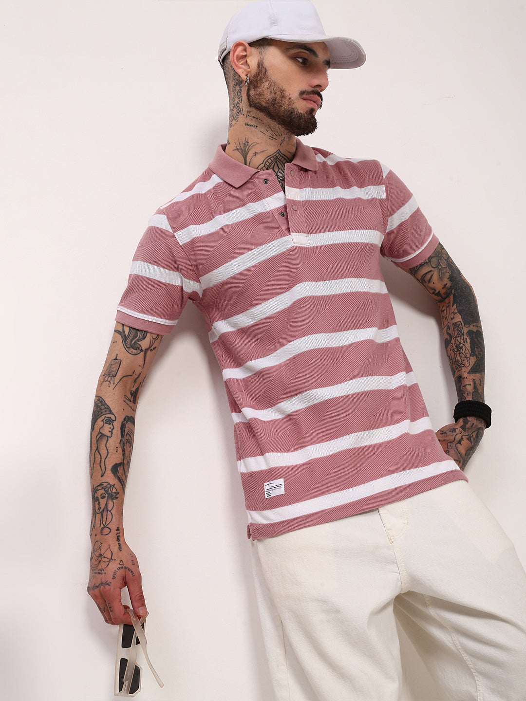 Men Pink Striped T Shirt