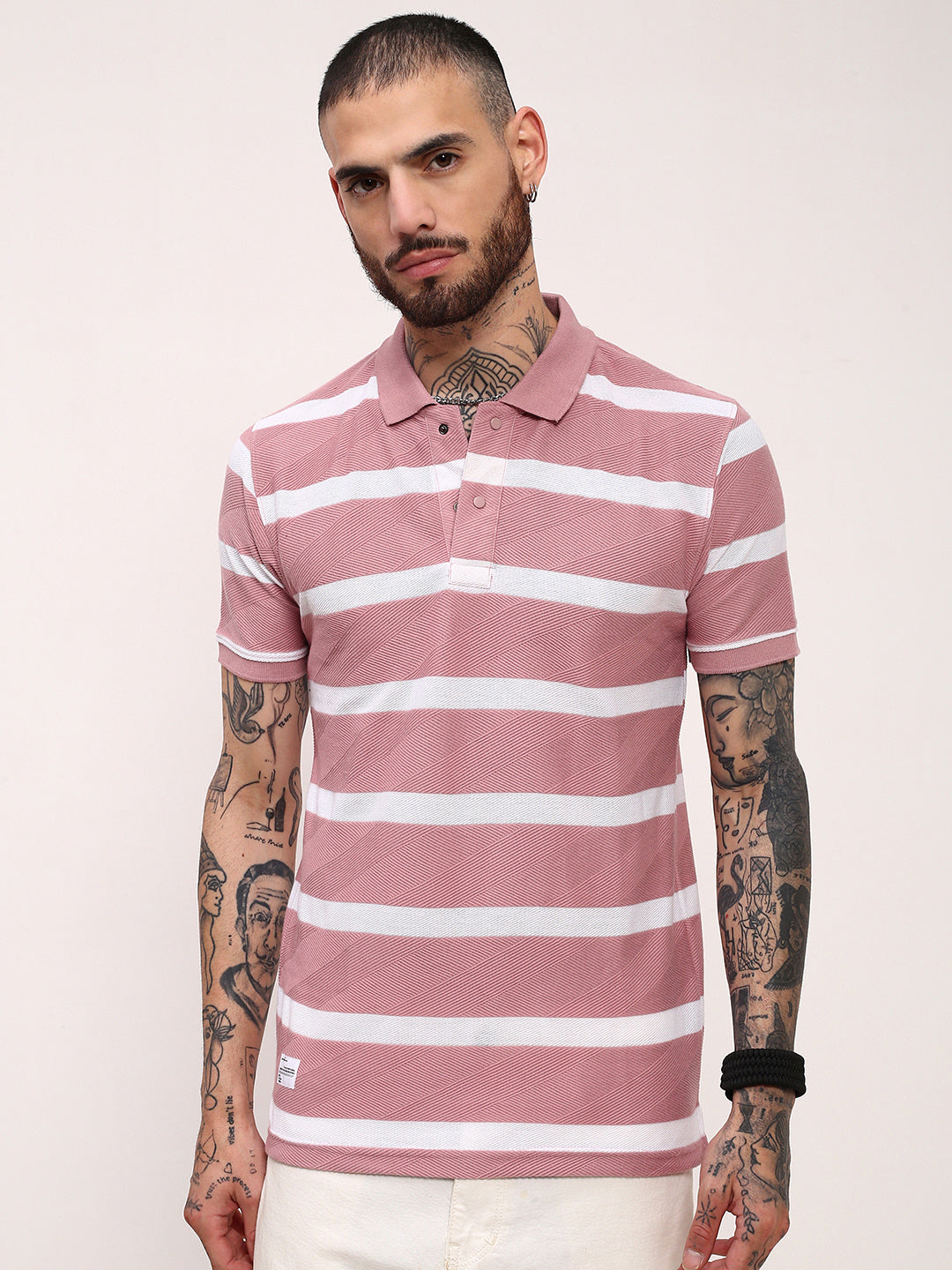 Men Pink Striped T Shirt