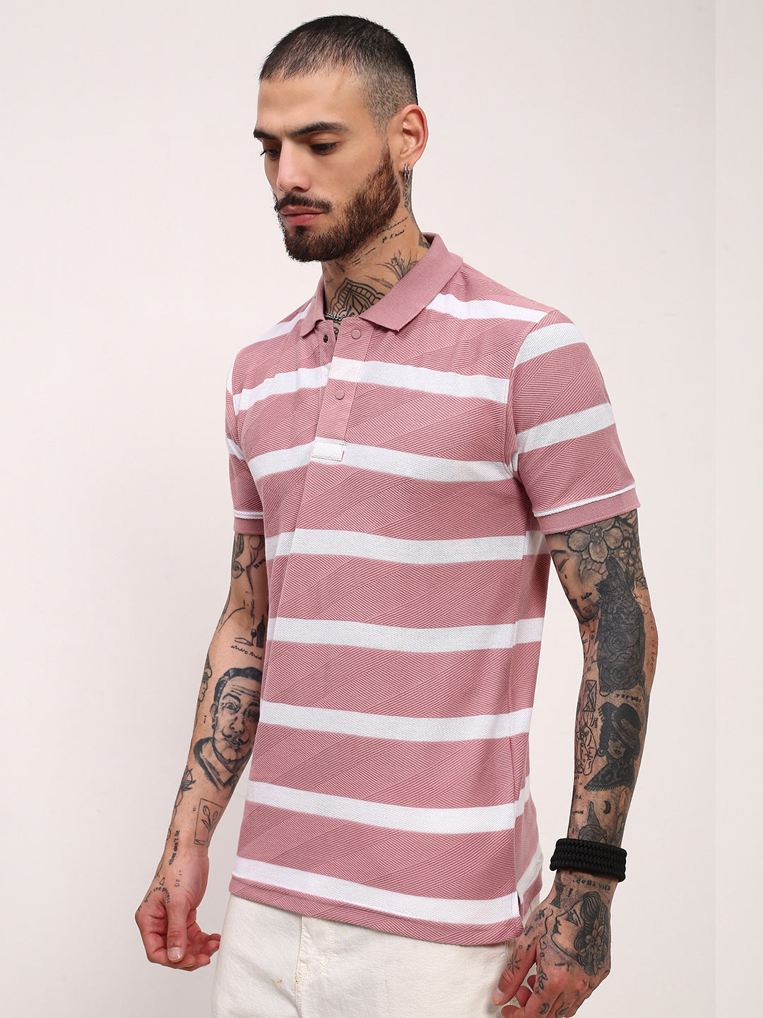 Men Pink Striped T Shirt