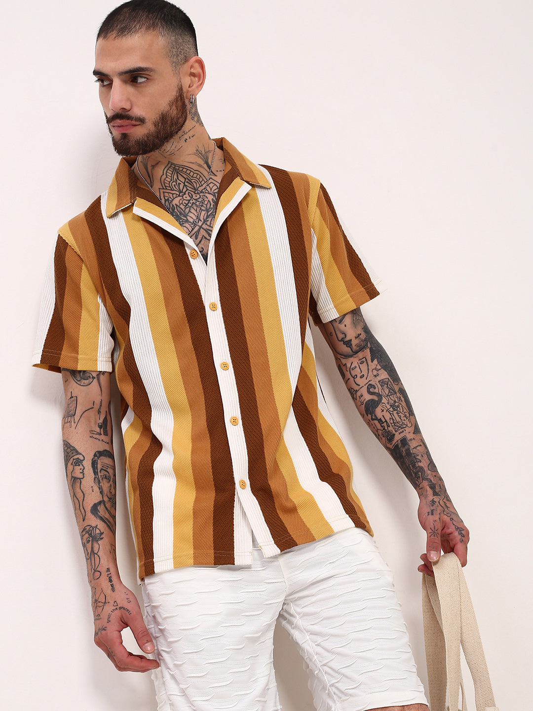 Men Mustard Striped Cuban Collar Shirt