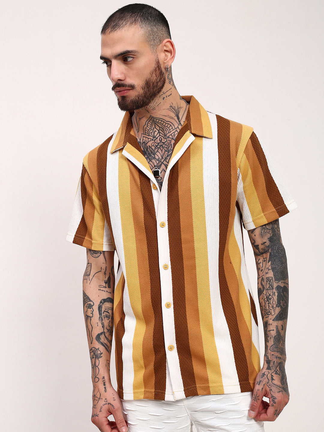 Men Mustard Striped Cuban Collar Shirt