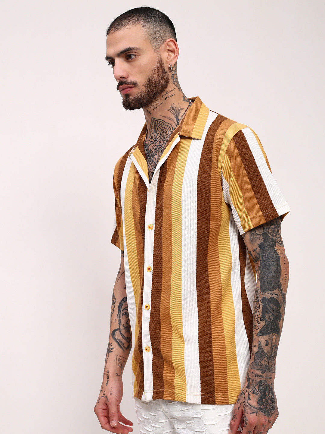 Men Mustard Striped Cuban Collar Shirt