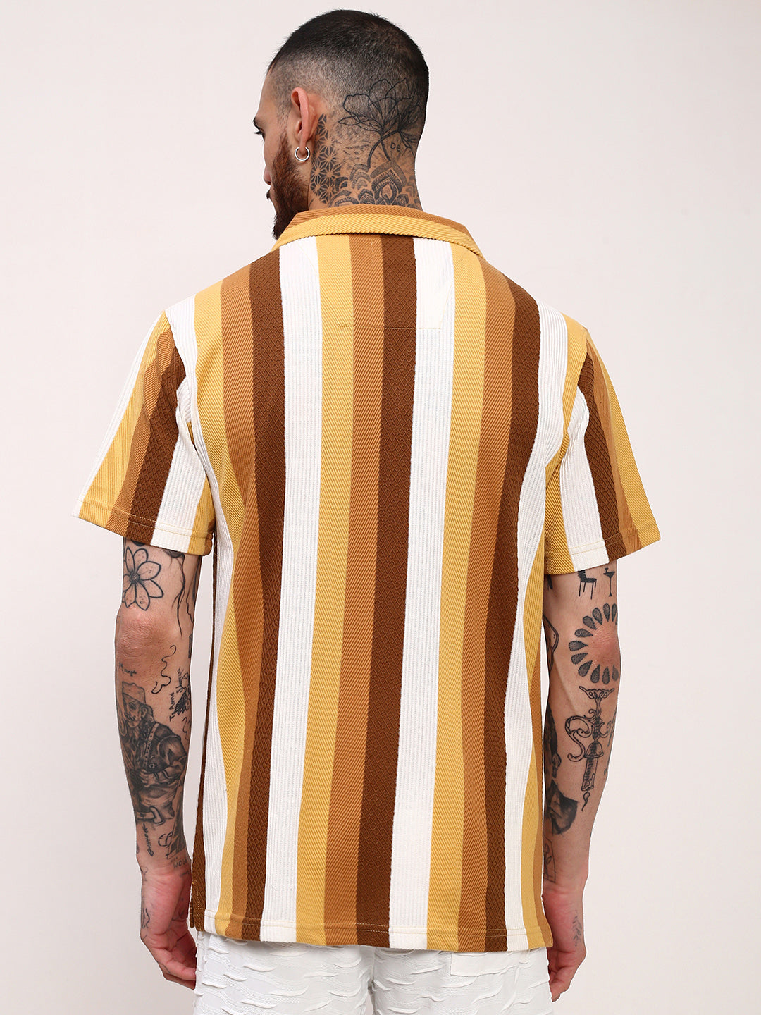 Men Mustard Striped Cuban Collar Shirt