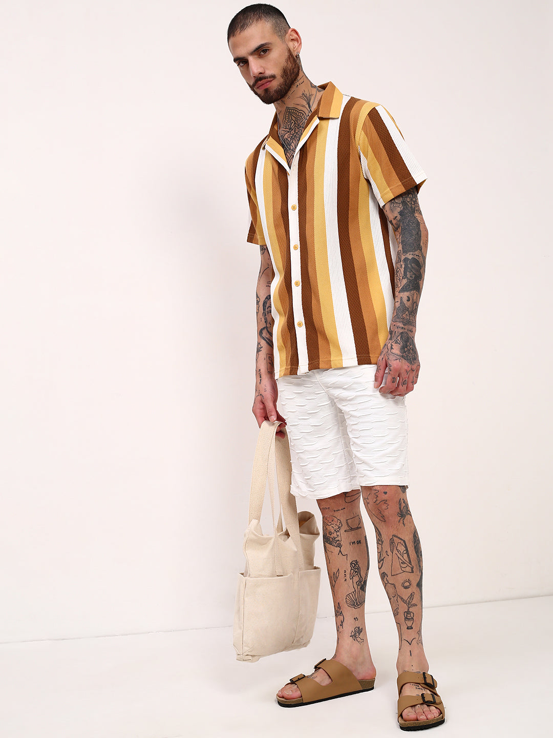 Men Mustard Striped Cuban Collar Shirt