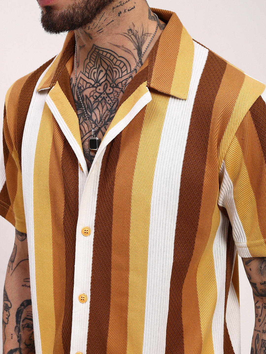 Men Mustard Striped Cuban Collar Shirt