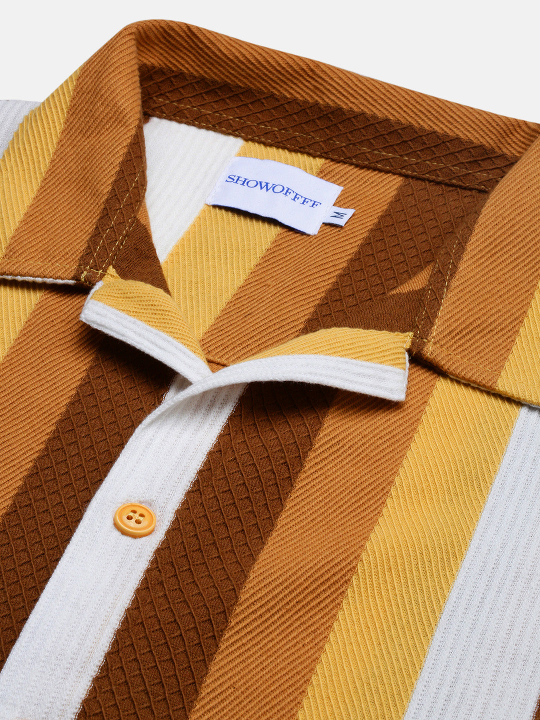 Men Mustard Striped Cuban Collar Shirt