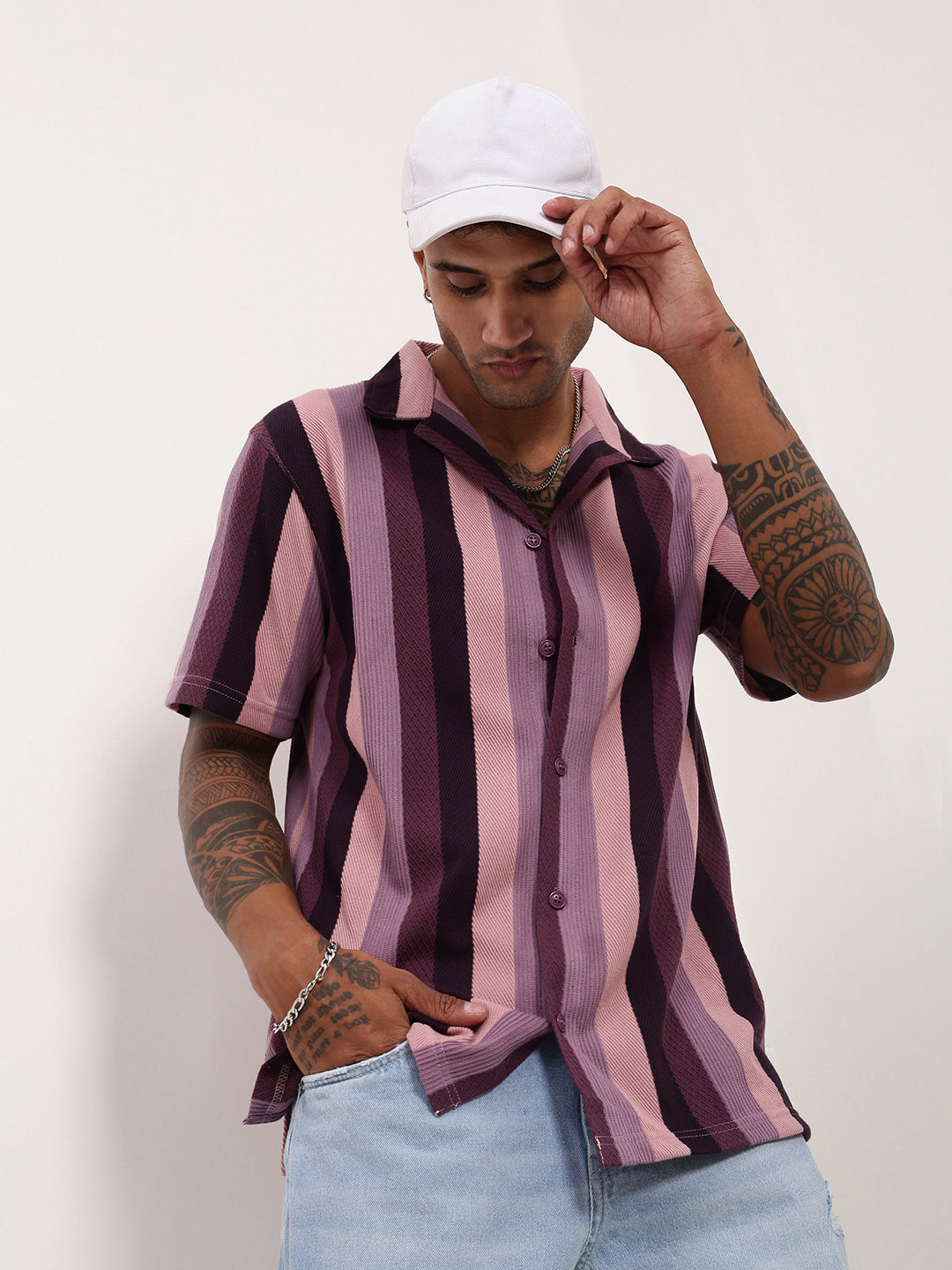 Men Purple Striped Cuban Collar Shirt