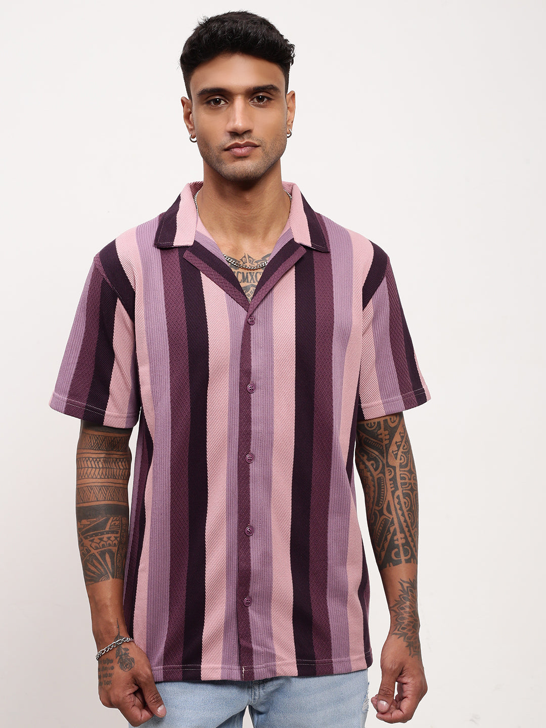 Men Purple Striped Cuban Collar Shirt