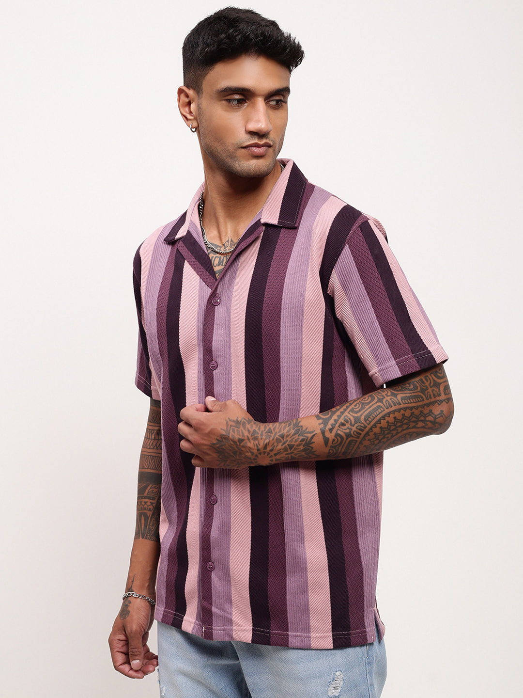 Men Purple Striped Cuban Collar Shirt