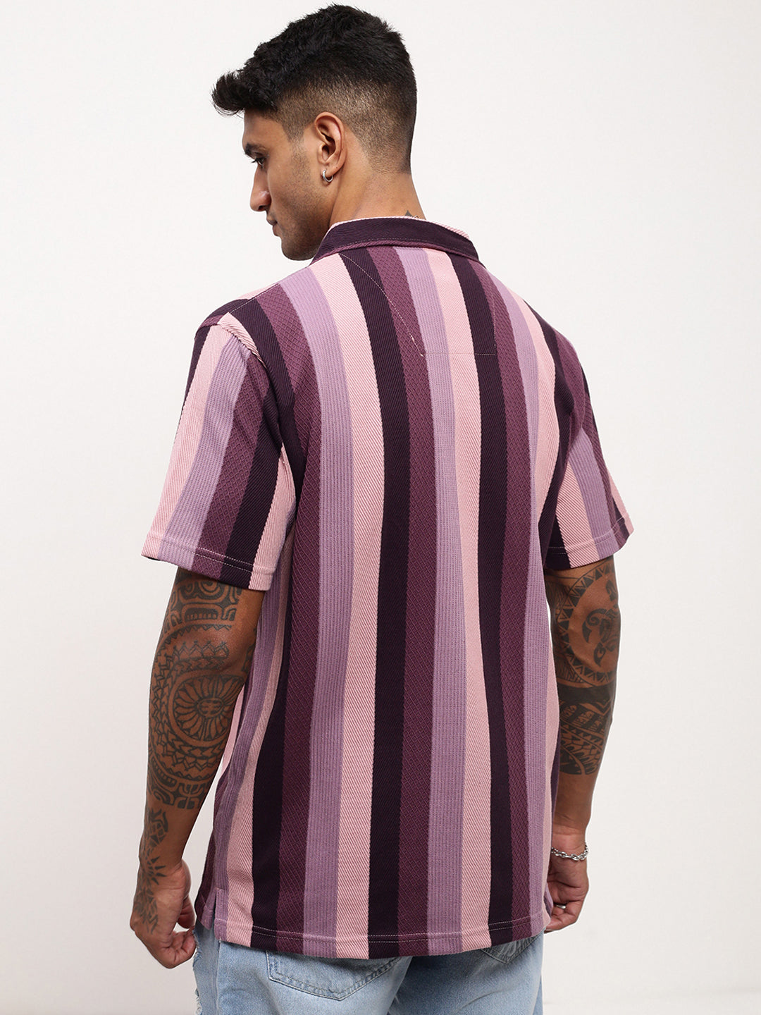 Men Purple Striped Cuban Collar Shirt