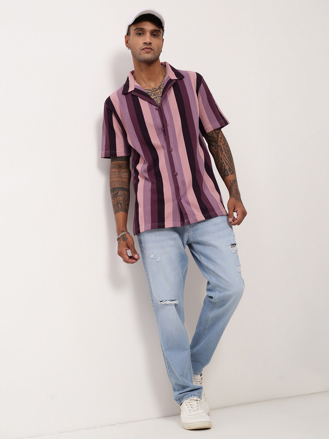 Men Purple Striped Cuban Collar Shirt