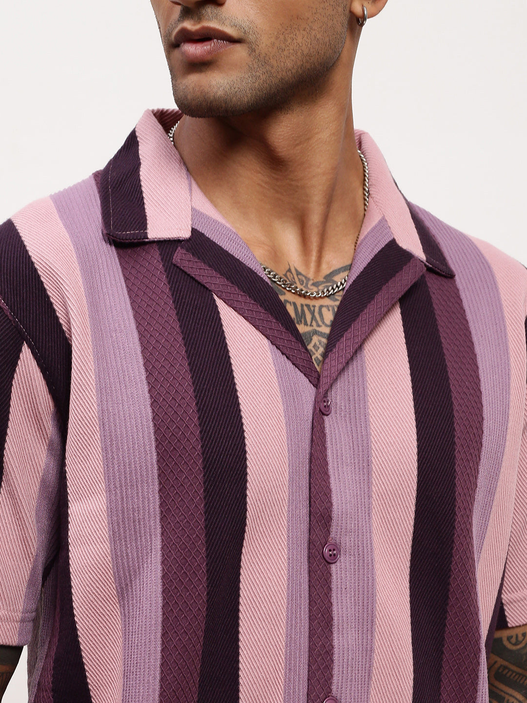 Men Purple Striped Cuban Collar Shirt