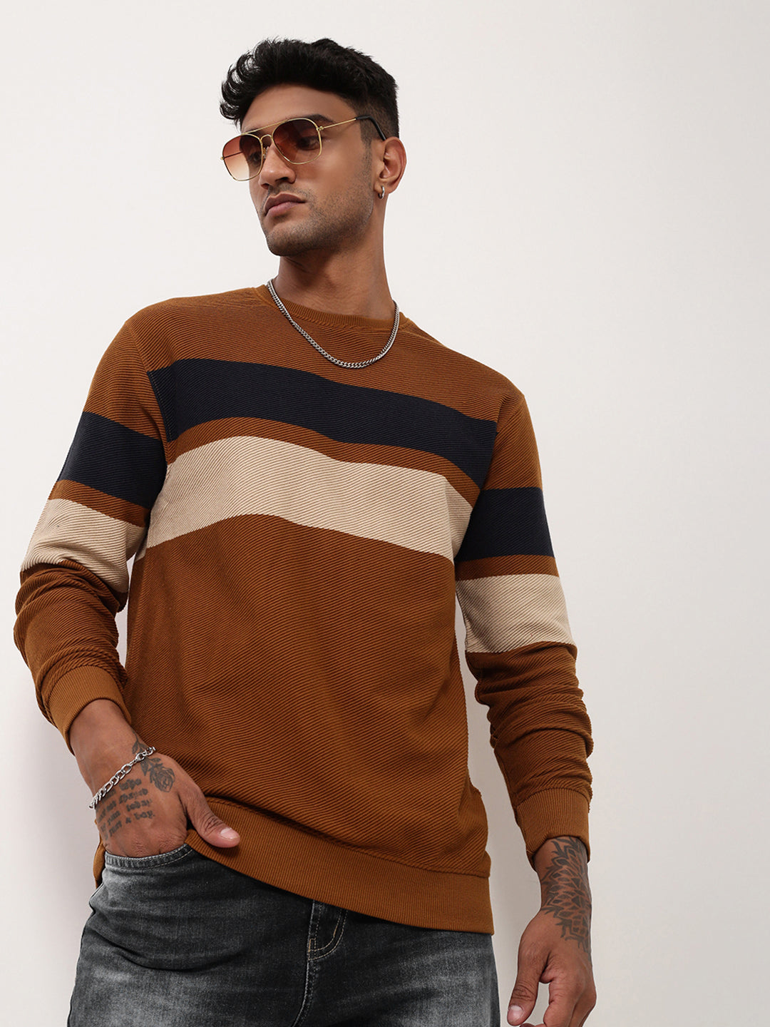 Men Brown Colourblocked Sweater