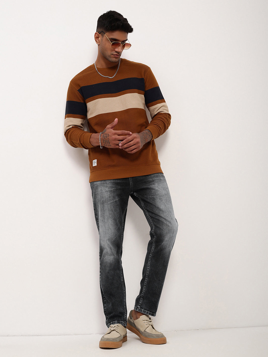 Men Brown Colourblocked Sweater