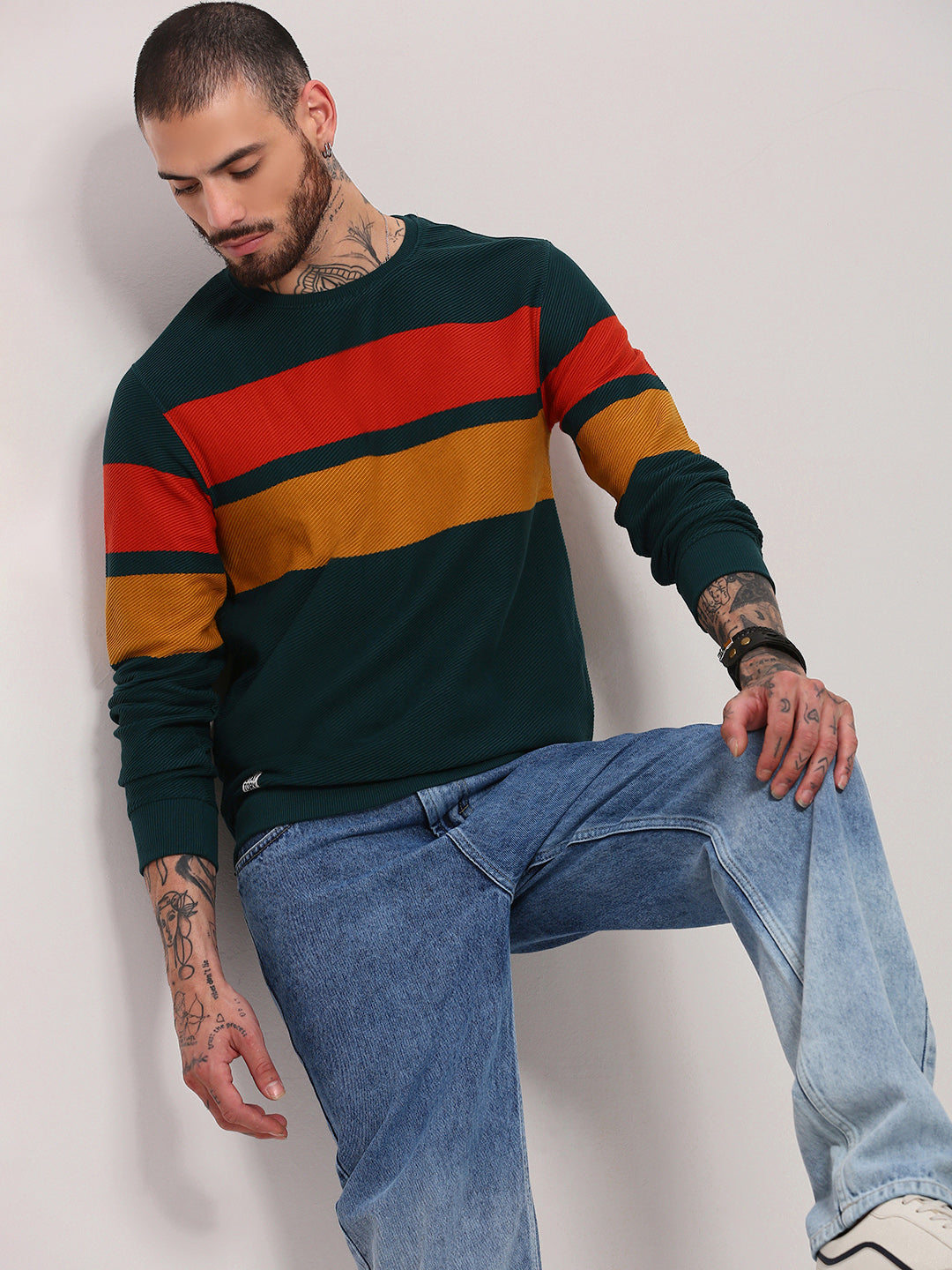 Men Green Colourblocked Sweater