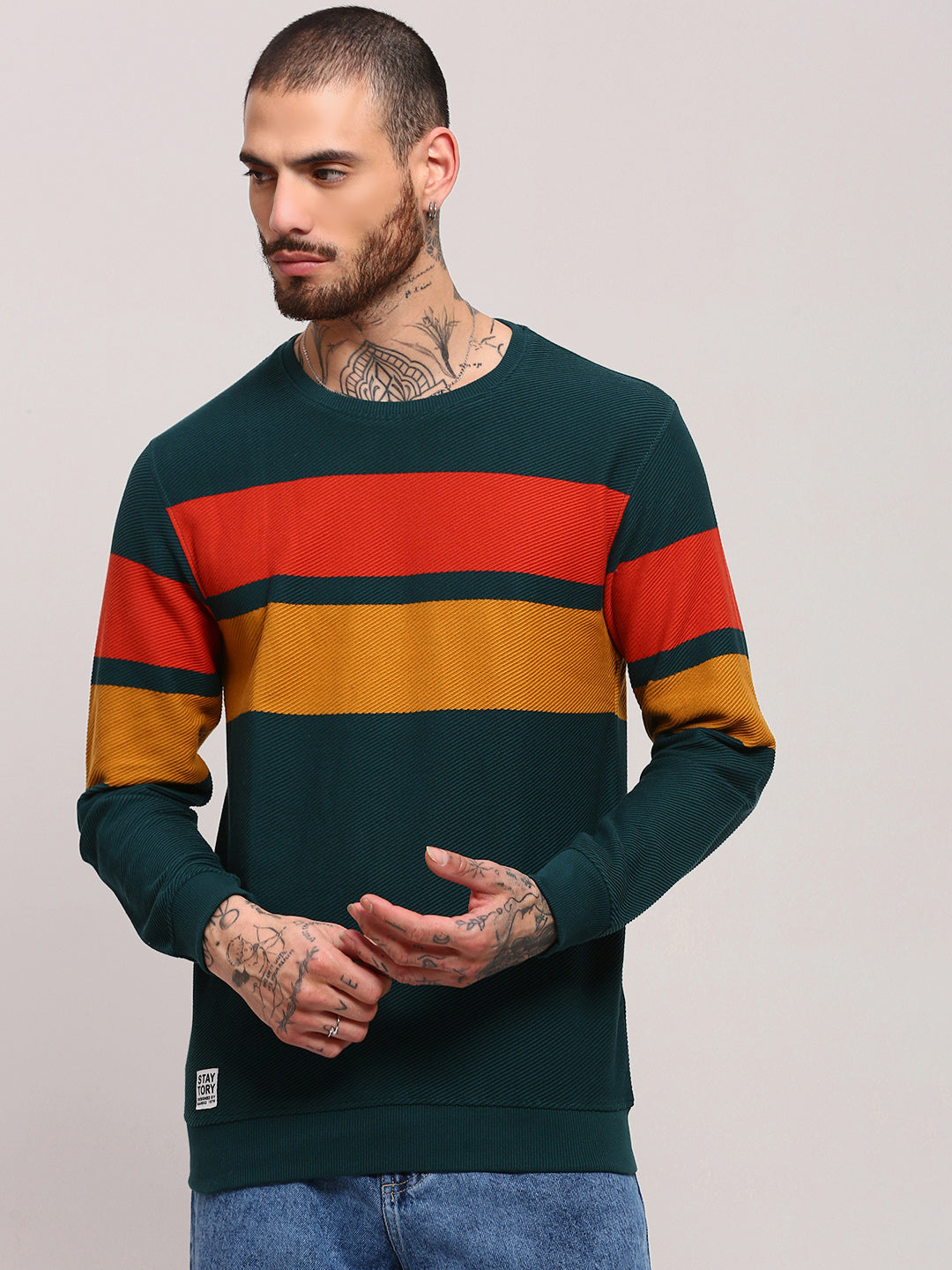 Men Green Colourblocked Sweater