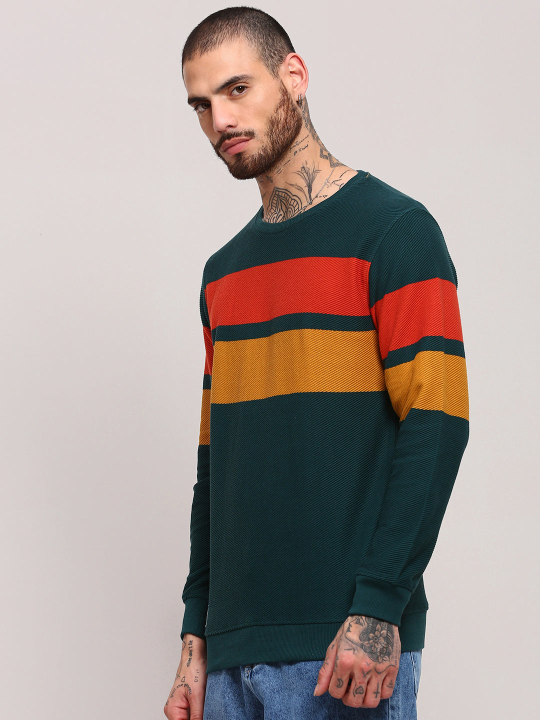 Men Green Colourblocked Sweater