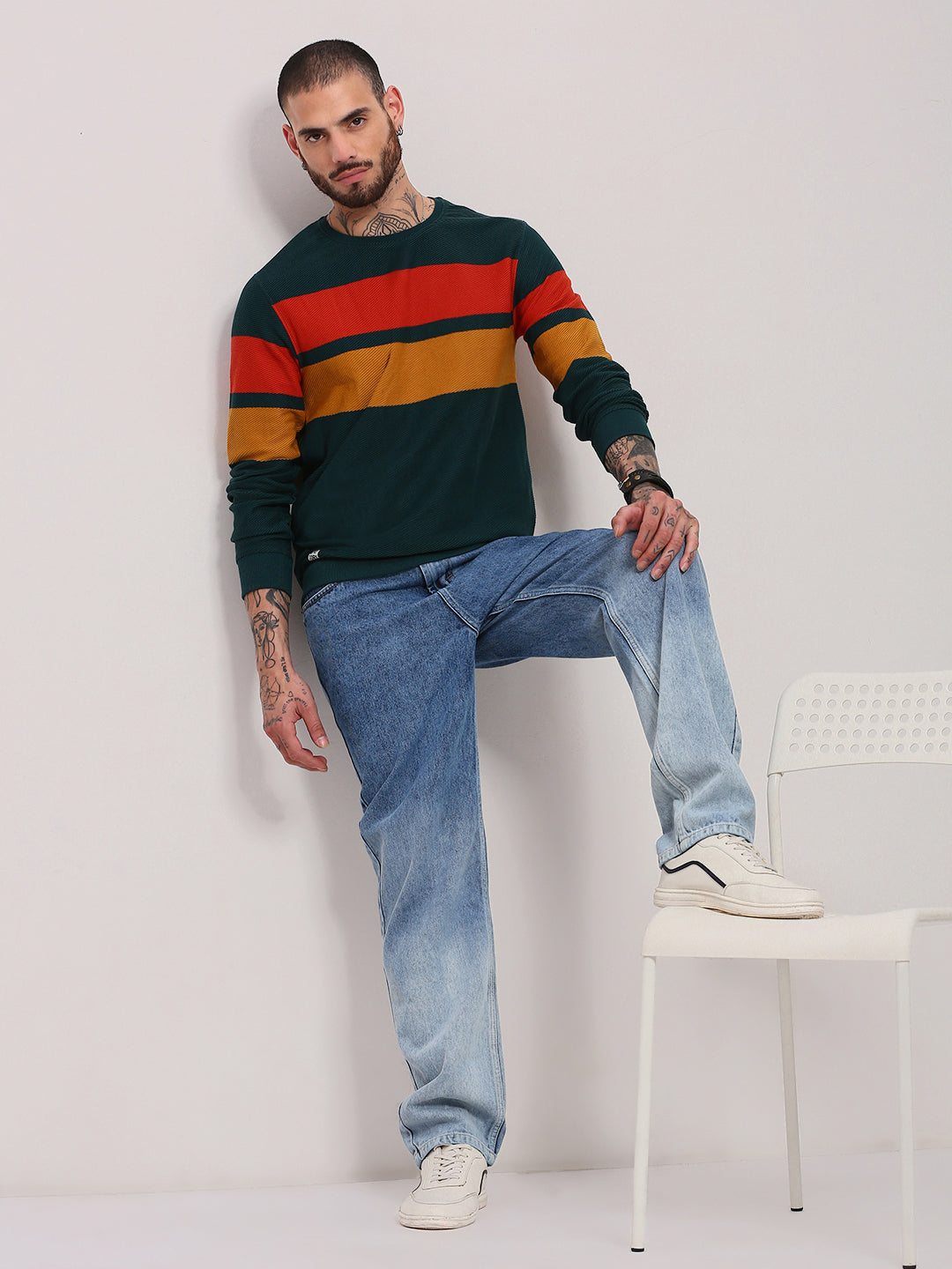 Men Green Colourblocked Sweater