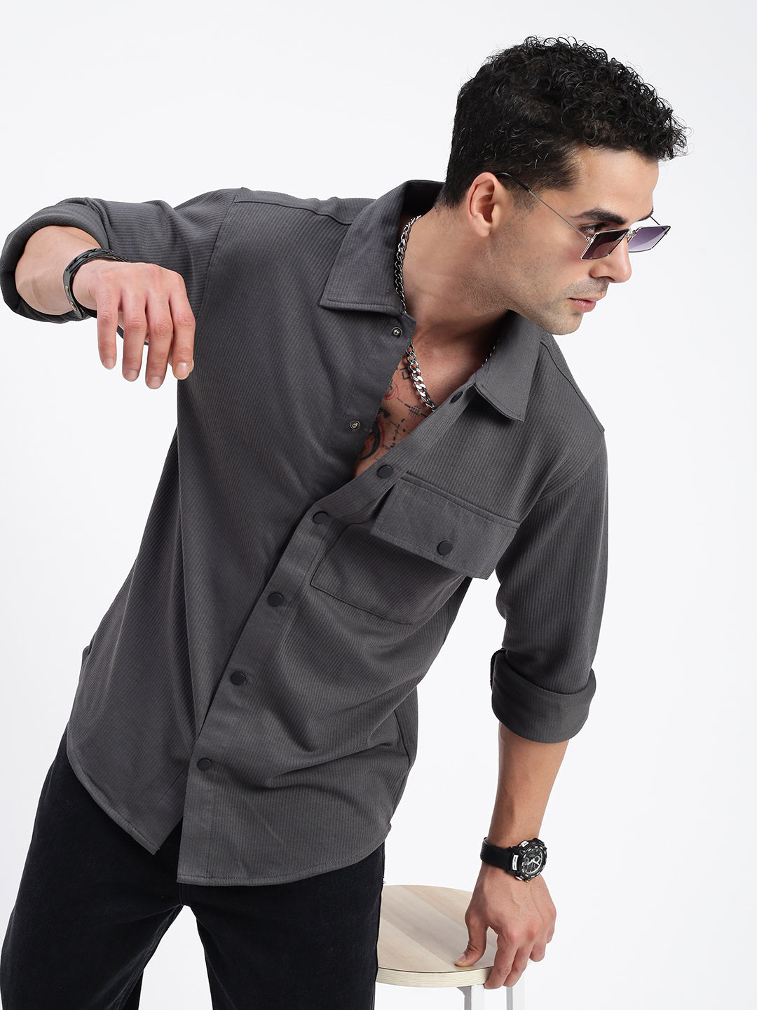 Men Solid Grey Slim Fit Shirt