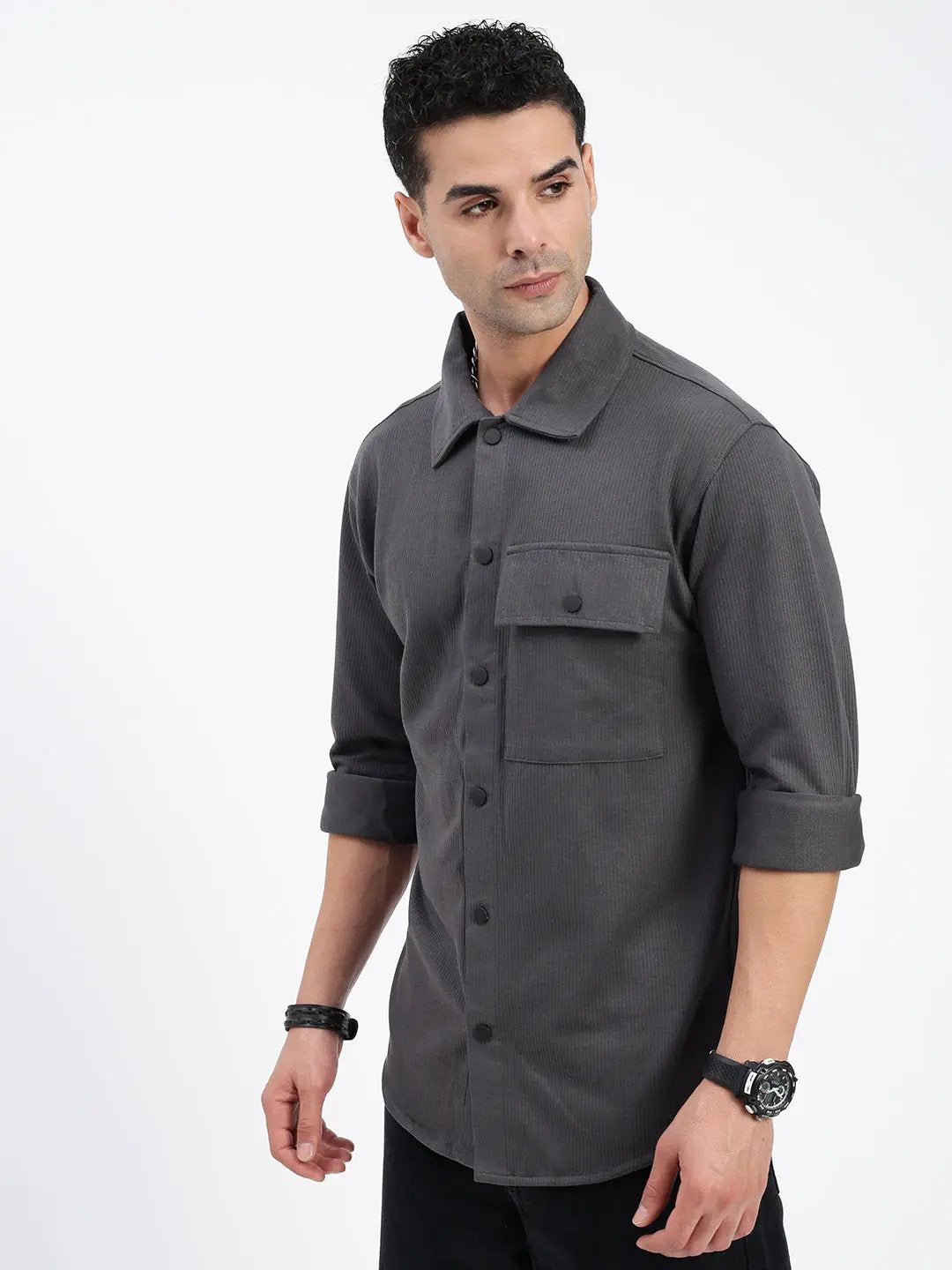 Shop Men's Grey Standard Spread Collar Textured Cotton Casual