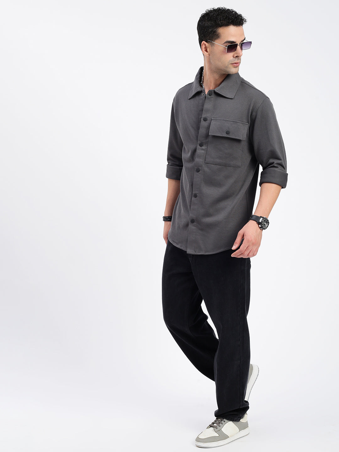 Men Solid Grey Slim Fit Shirt