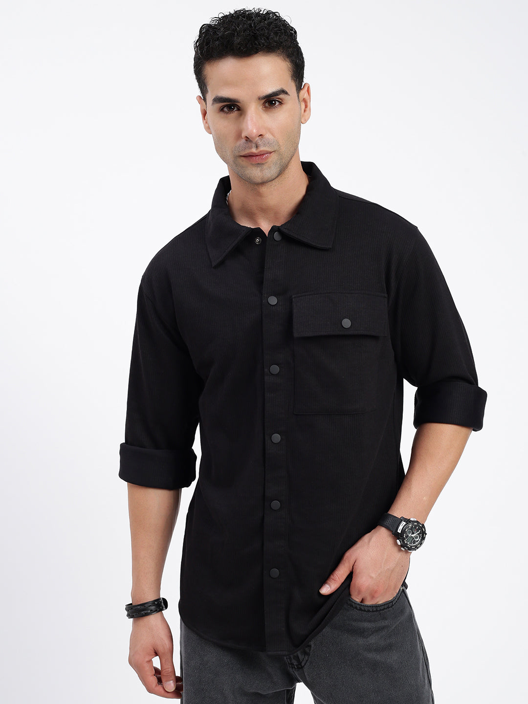 Men Solid Black Slim Fit Shirt