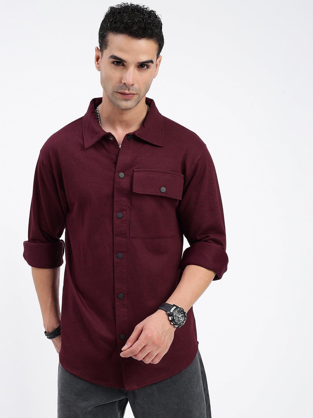 Men Solid Burgundy Slim Fit Shirt