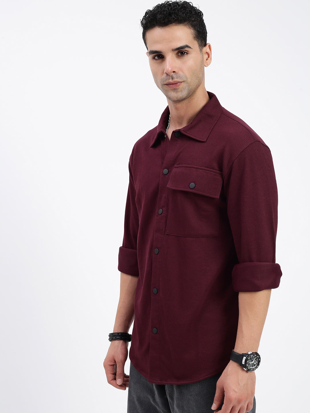 Men Solid Burgundy Slim Fit Shirt