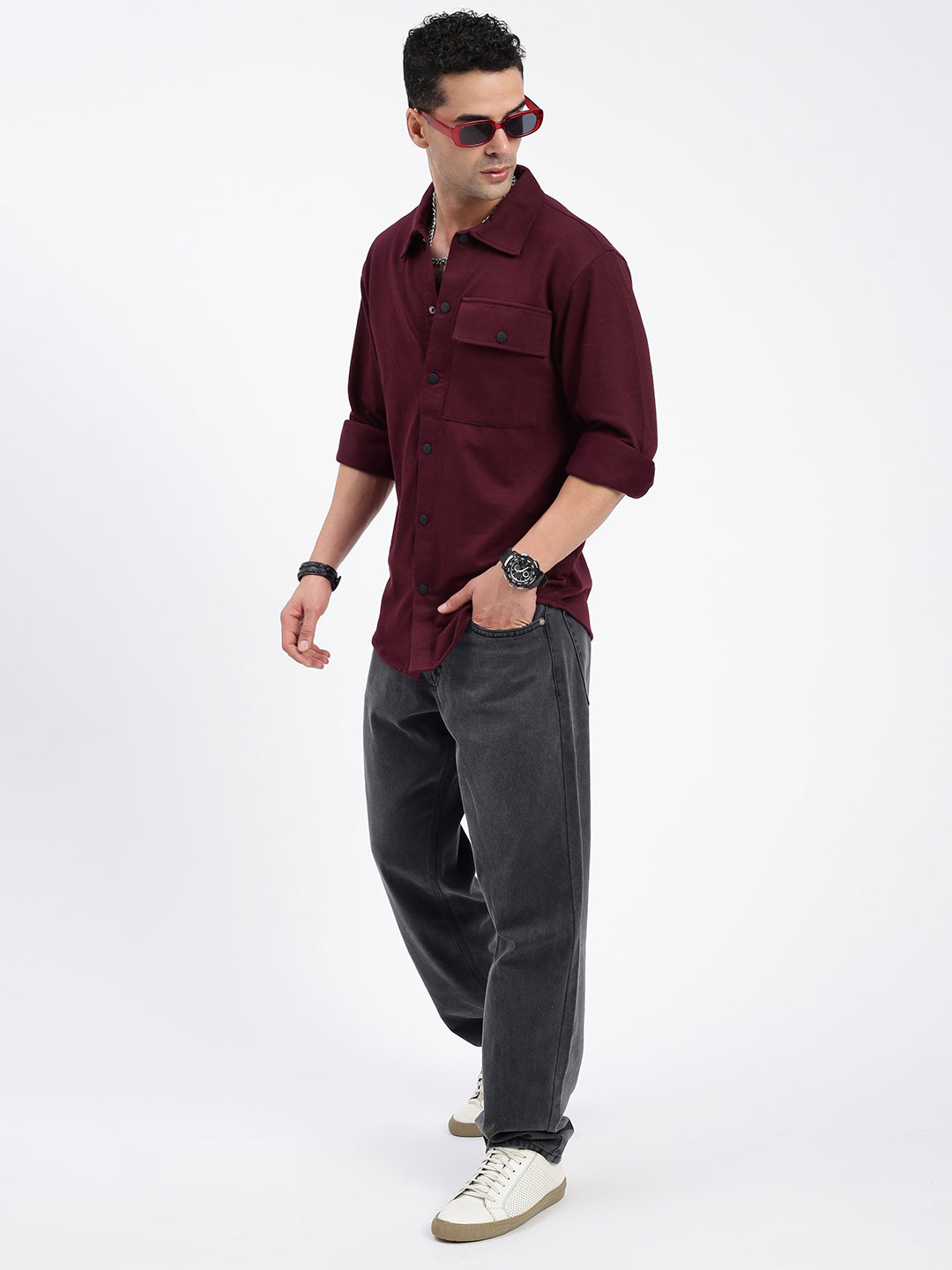 Men Solid Burgundy Slim Fit Shirt