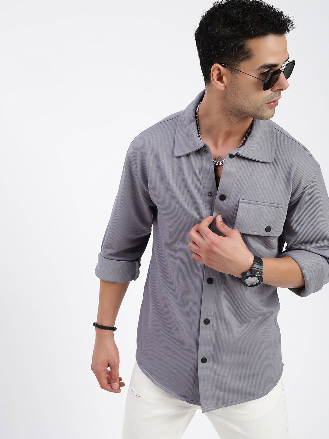 Men Solid Grey Slim Fit Shirt