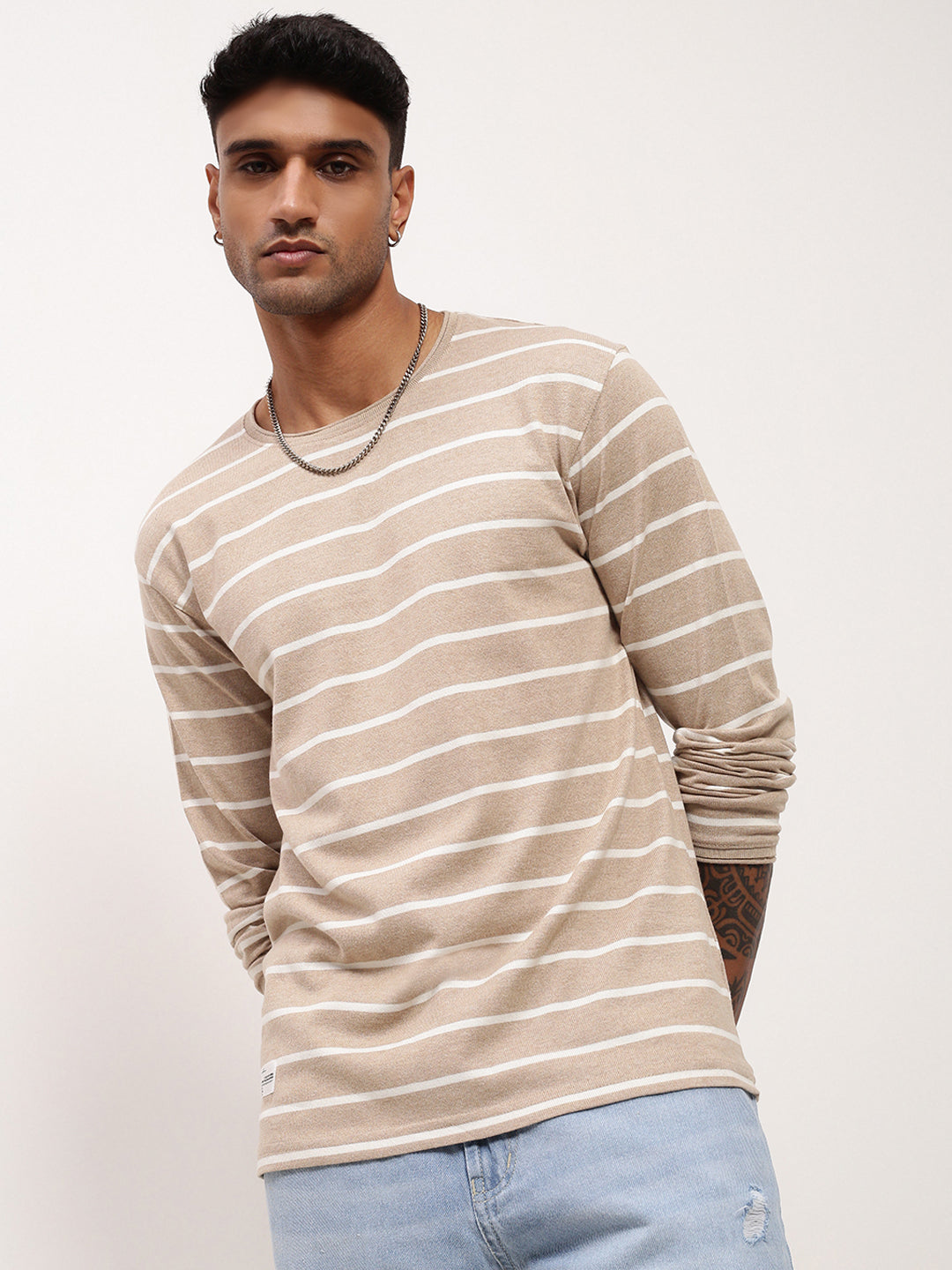 Men Beige Striped T Shirt