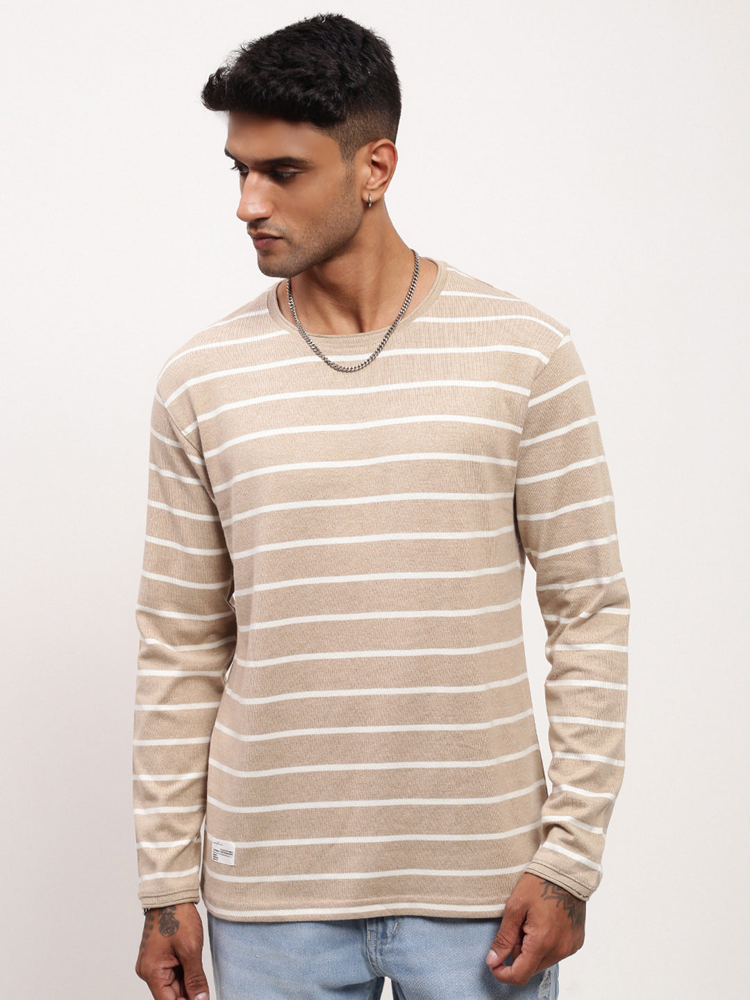 Men Beige Striped T Shirt